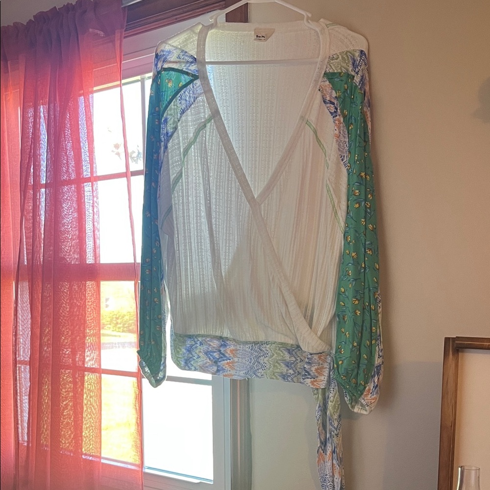 Three Bird Nest Cream Ribbed Wrap Blouse with Green Floral Sleeves